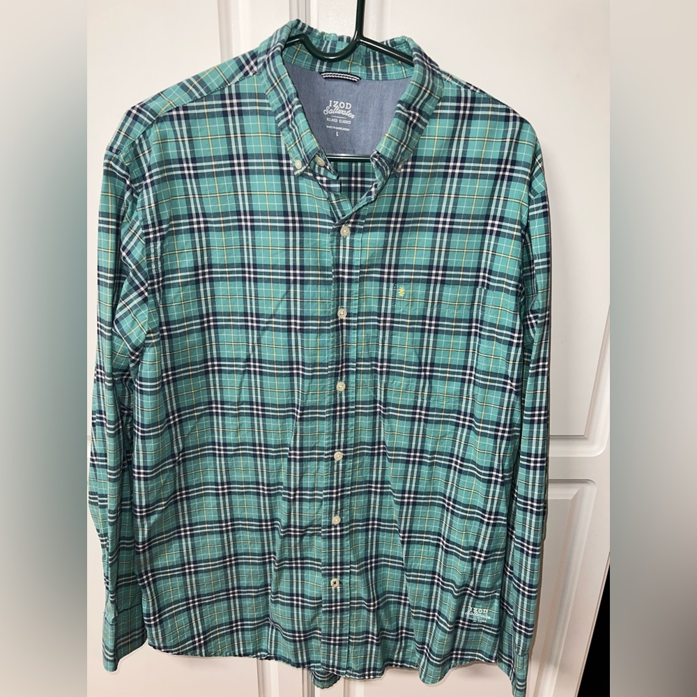 Izod Men's Blue and Green Plaid Button Down Shirt